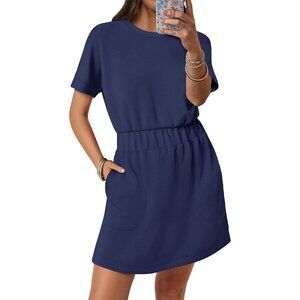 Anrabess Women Navy Blue Crew Neck Elastic Waist Mini T Shirt Dress With Pocket